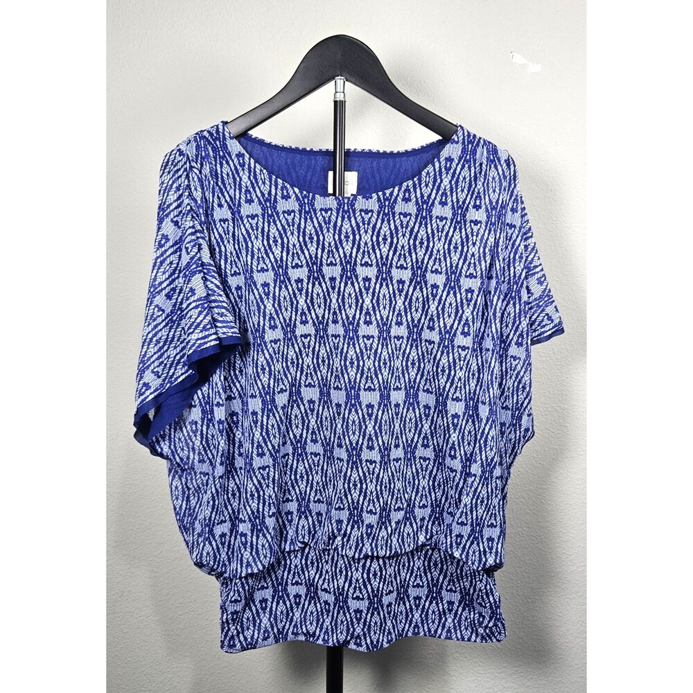 Chico's Size 2 Blue White Geometric Overlay Blouse Batwing Sleeve Lined Top